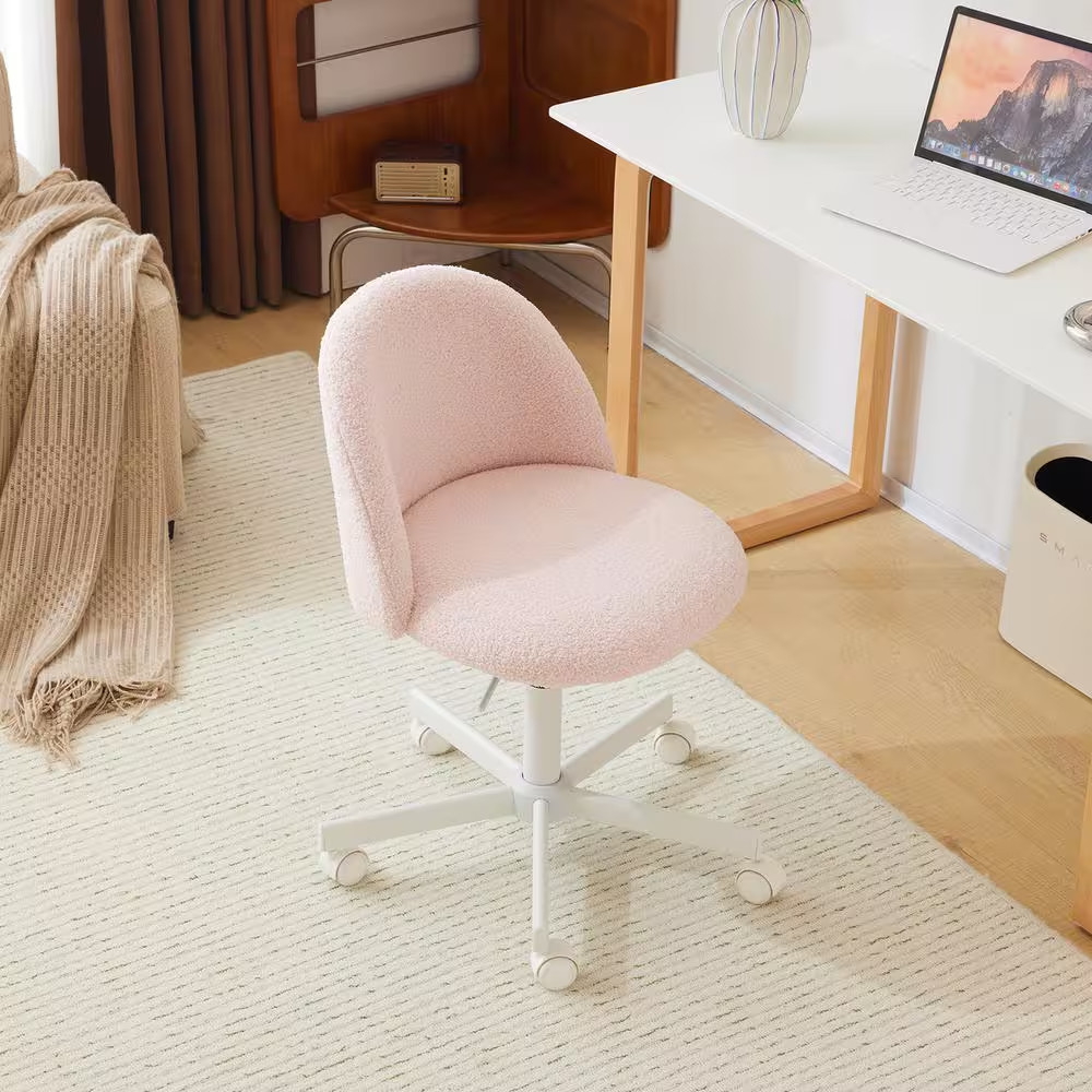 Teddy Fleece Velvet Seat Liftable Swivel Office Chair in Light Pink Armless
