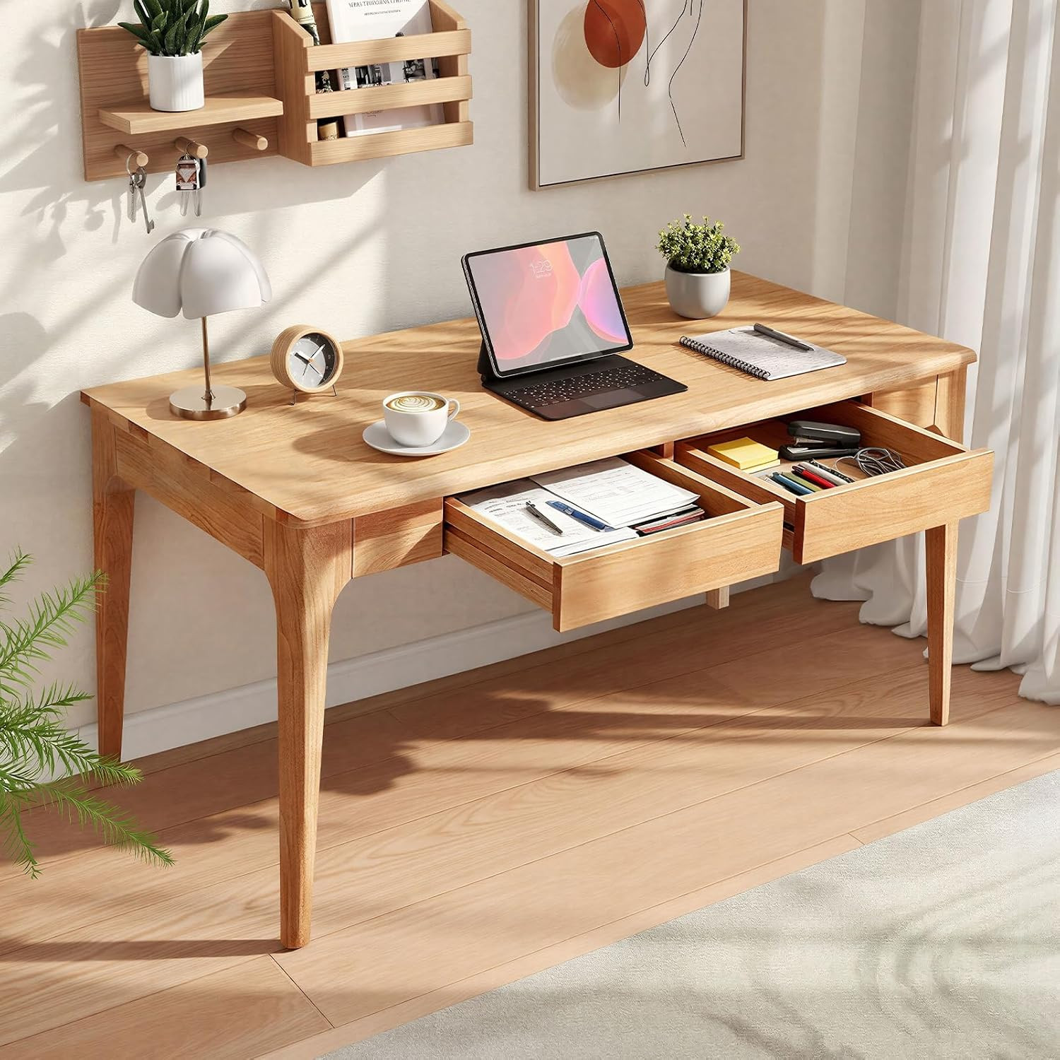 Solid Wood Desk W/Drawers, Home Office Writing Solid Wooden Desks | 47Inch Solid