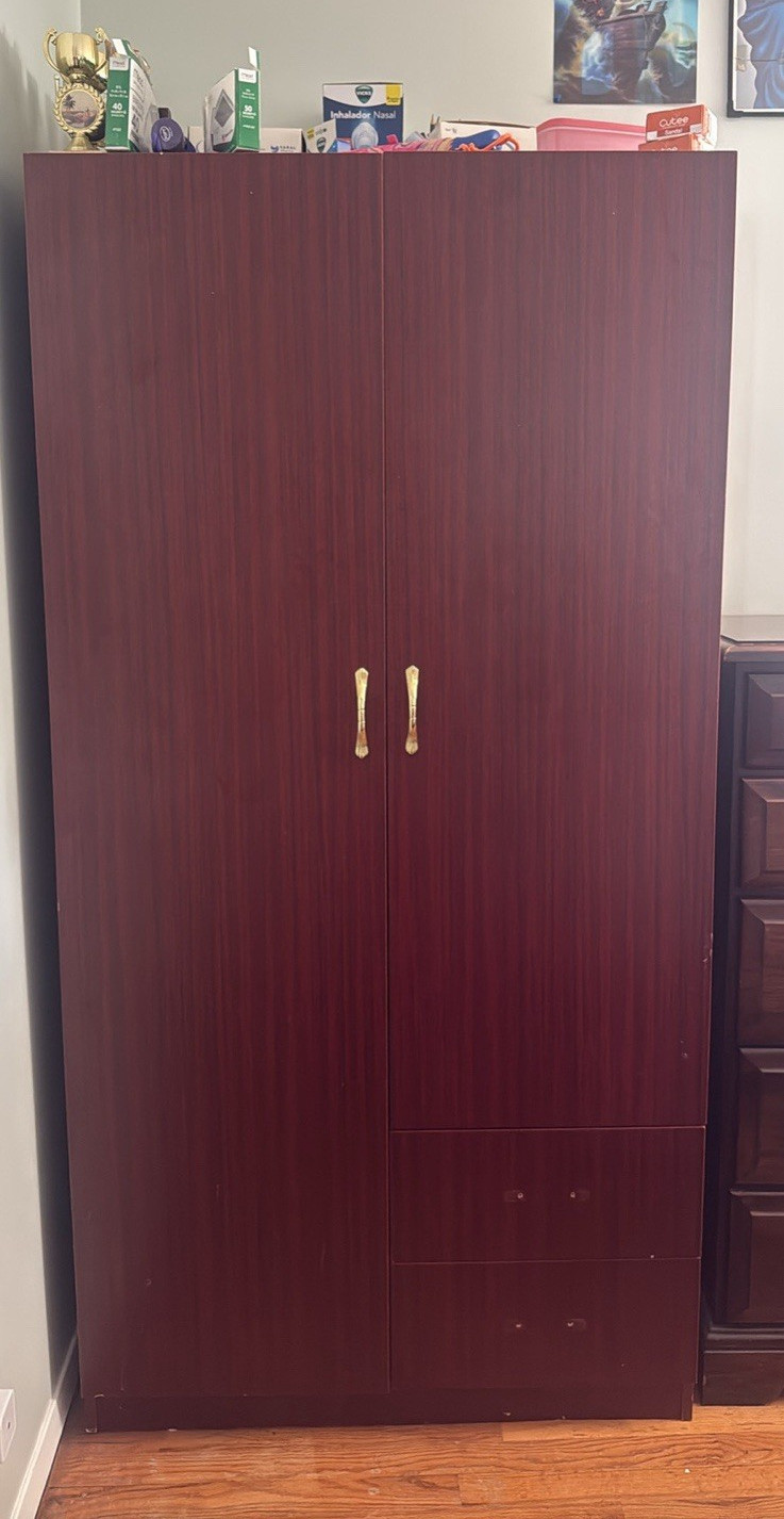 Freestanding Dark Brown Wood Wardrobe Armoire, 2 Hinged Doors, 4 Shelves