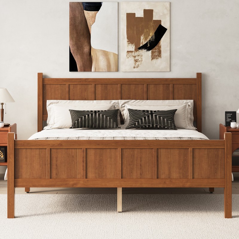 Queen Size Flat Panel Bed with Headboard Farmhouse Platform Bed Frame Walnut