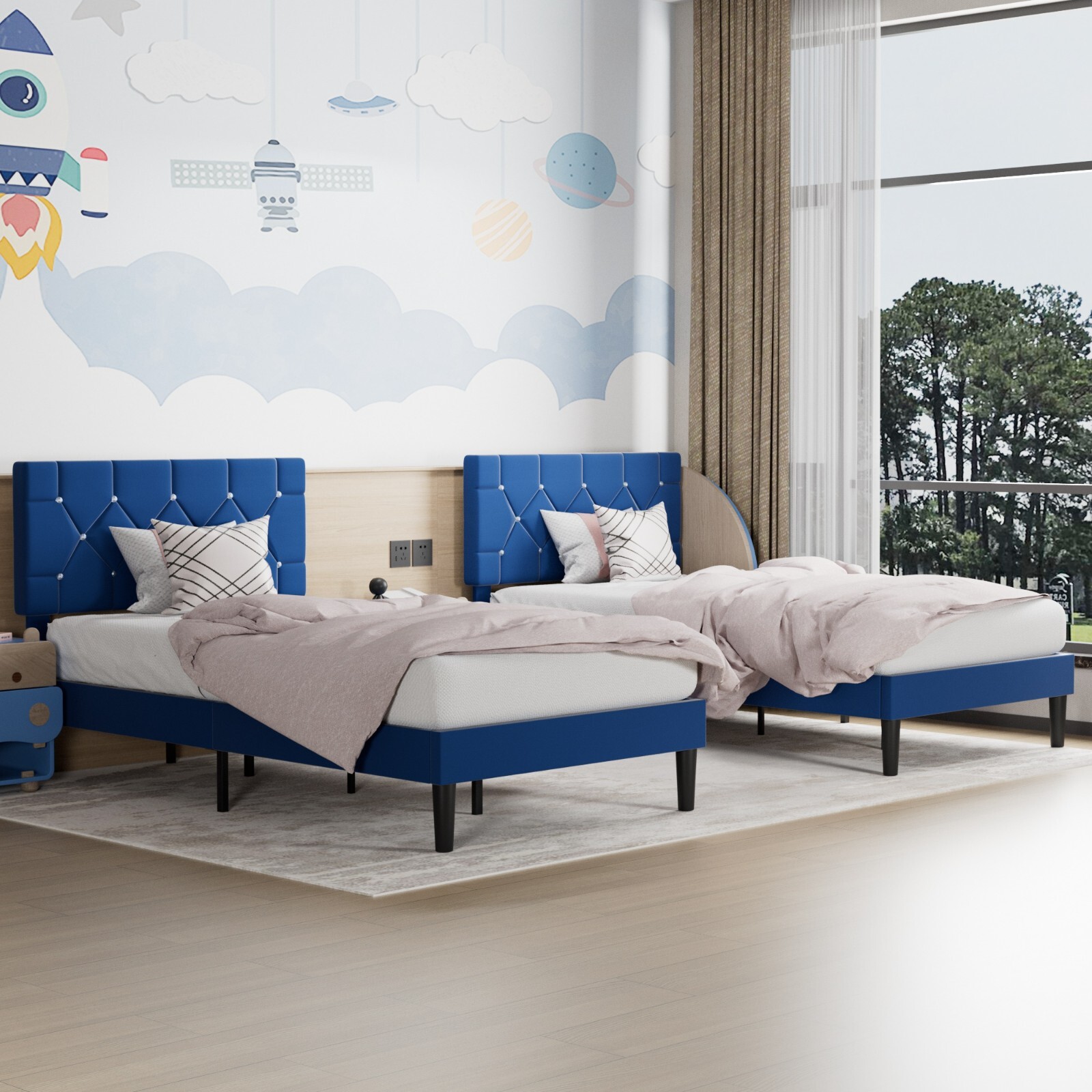 Twin Full Queen Bed Frame Adjustable Diamond Upholstered Headboard Noise Free