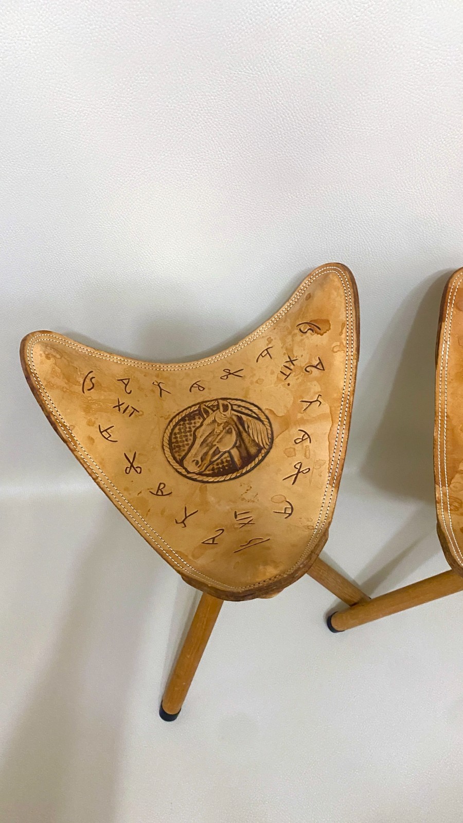 Vintage Tooled Folding Leather Horse Saddle Stools Pair Handmade