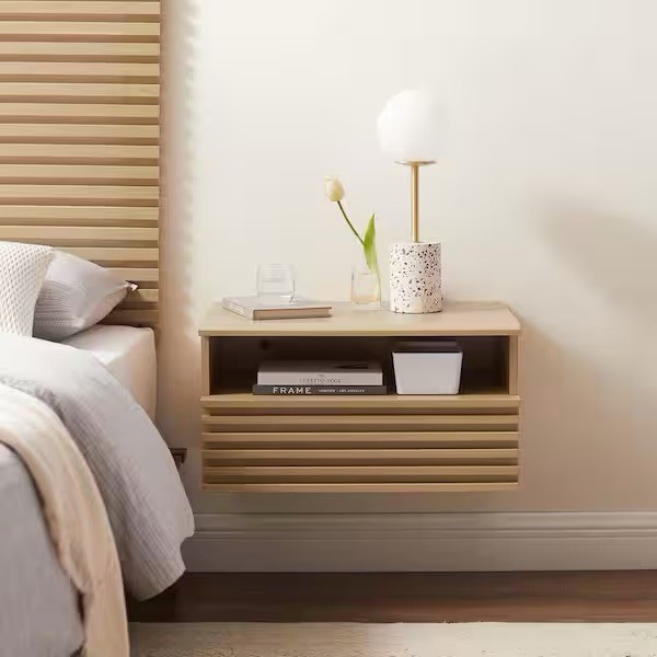 Modway Render Mid-Century Modern Wall-Mount Nightstand in Oak