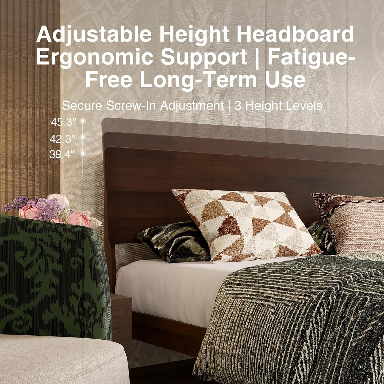 King Size Bed Frame with 3-Level Adjustable Storage Headboard, Solid Wood Pla…