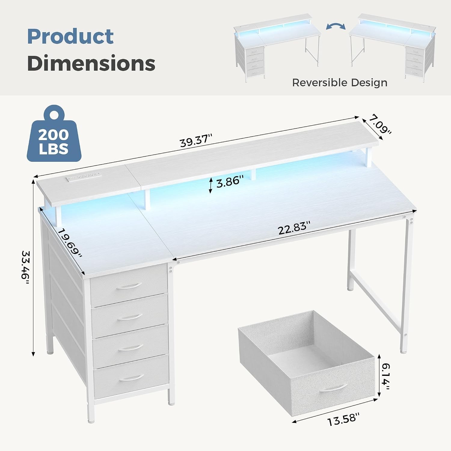 40-Inch Gaming Desk with Power Outlets and LED Lights, White | Computer Desk wit