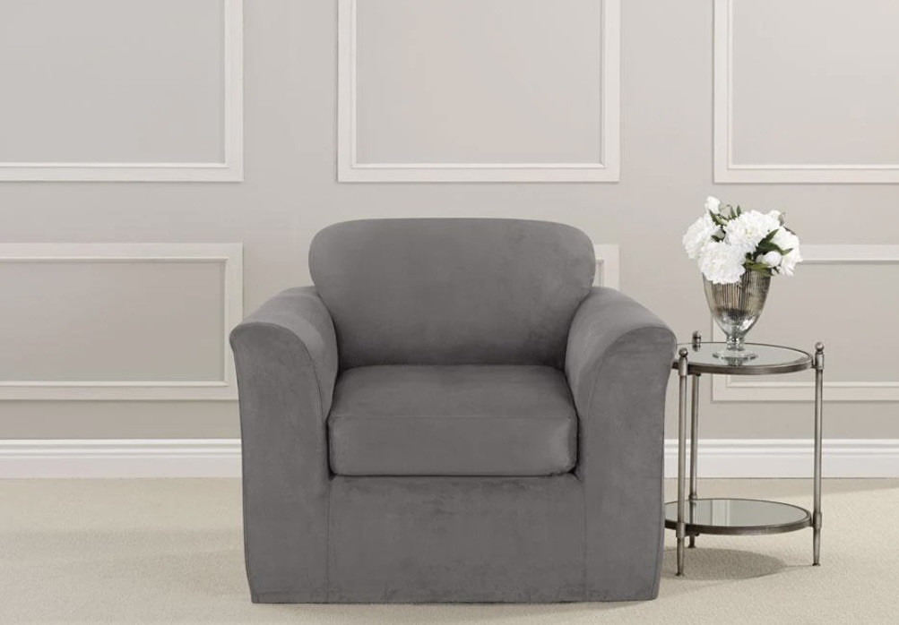 Sure Fit- Ultimate Stretch Suede Two Piece Chair Slipcover Box Cushion -Gray
