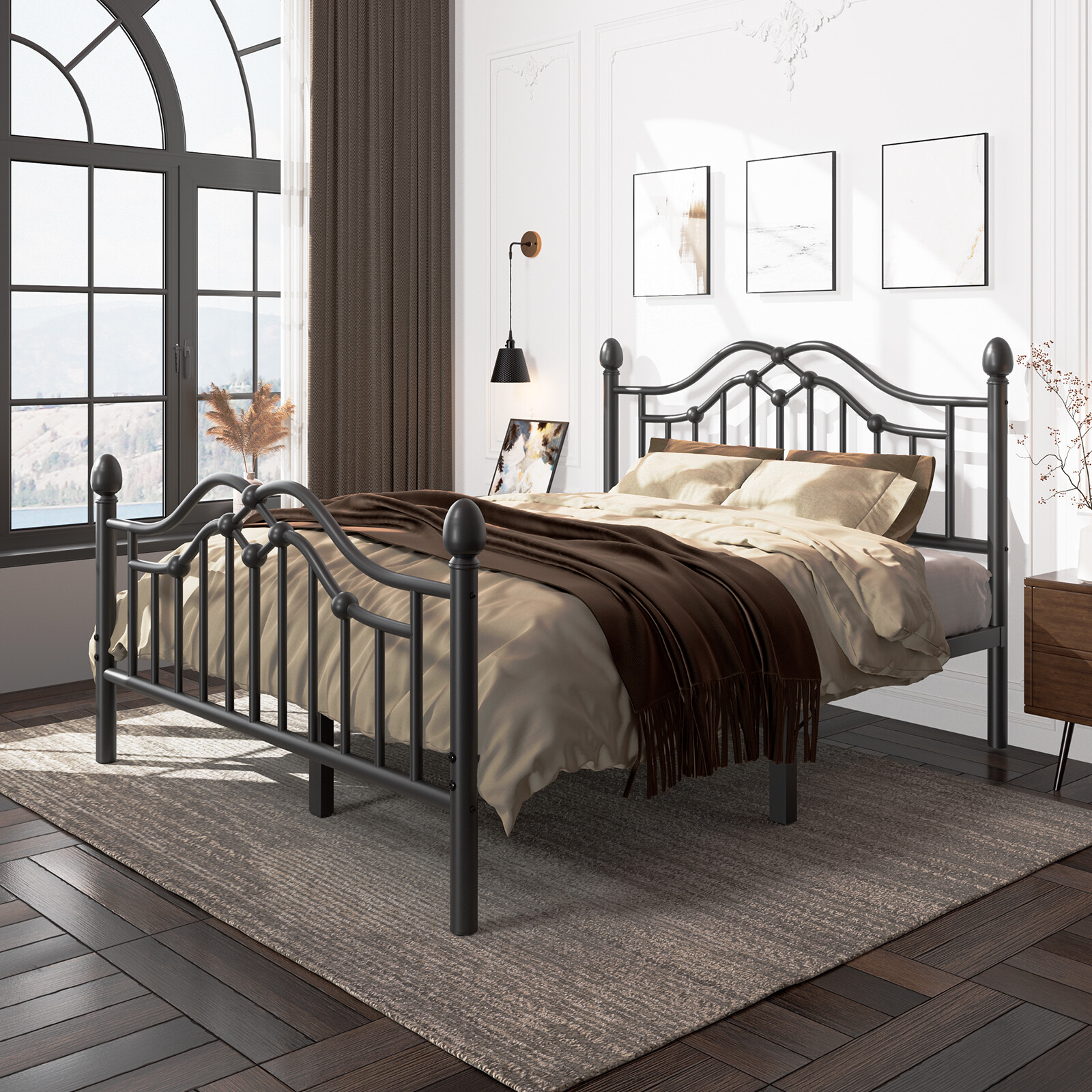 Metal Twin/Full/Queen Size Bed Frame with Headboard and Footboard,Black/White