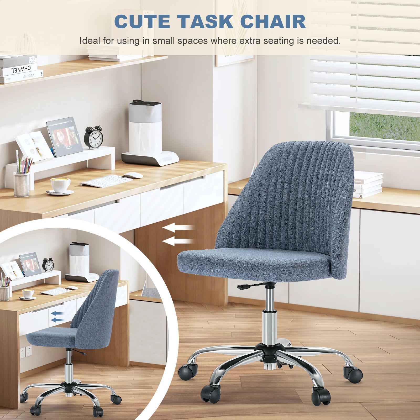 Office Chair Armless Chairs Cute Fabric Desk Adjustable Height Swivel Wheel
