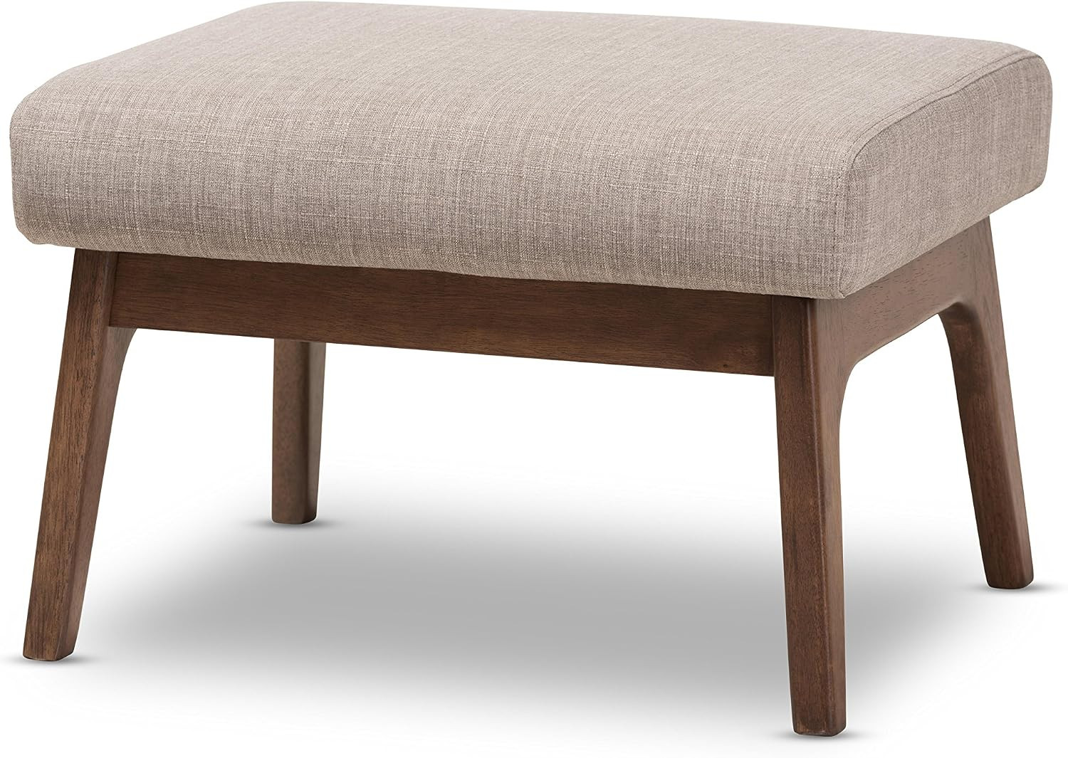 Birk Mid-Century Modern Walnut Wood Light Grey Fabric Ottoman