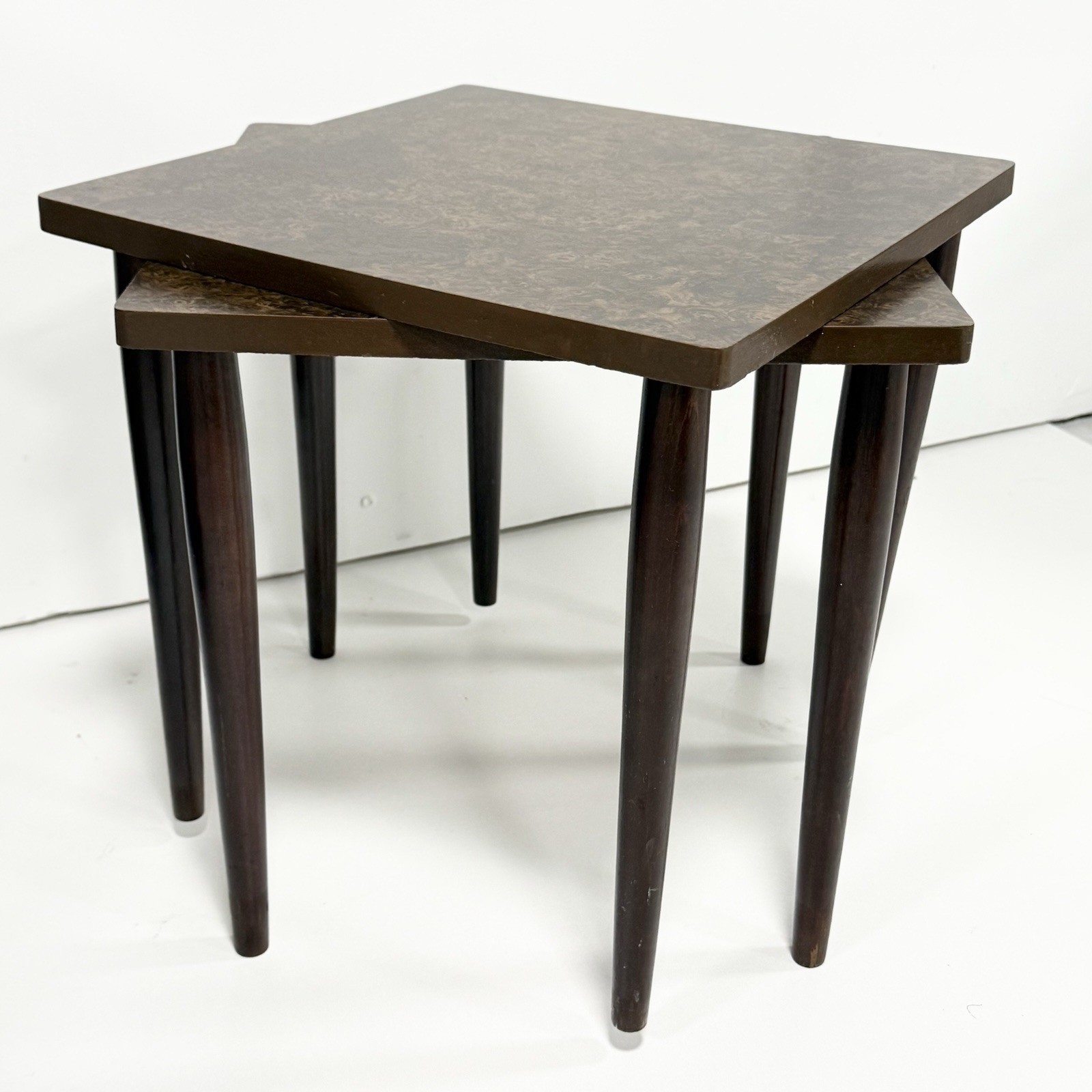 Vintage MCM Burl Wood Nesting Tables Mid Century Modern Laminate Square Set Of 2