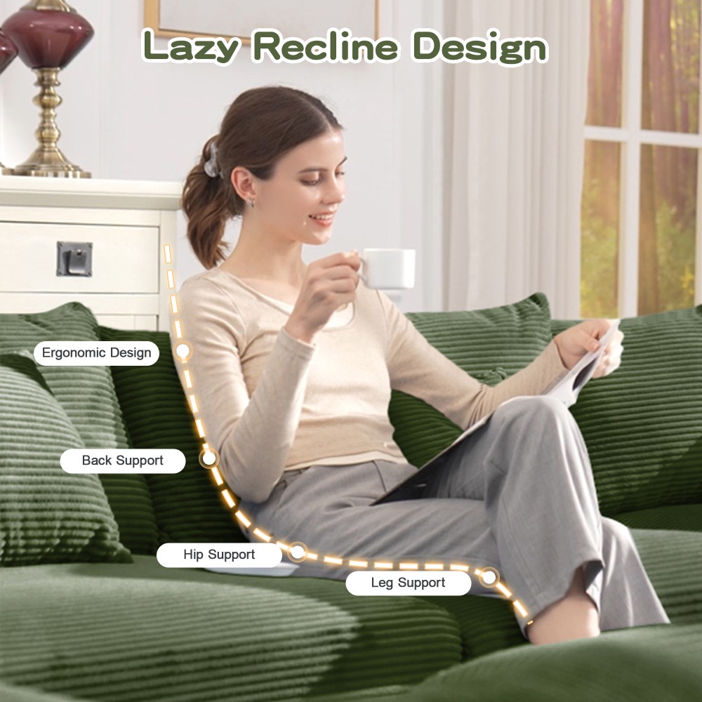 Modular Sectional Sofa 4 Seater Deep Seats Green Corduroy 12 Pillows