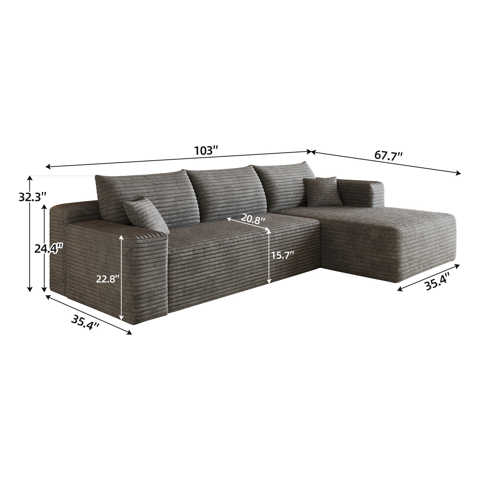 103″ L-Shaped Sectional Sofa, Dark Grey Plush Corduroy, No Assembly