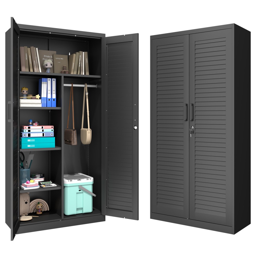 Wide Metal Storage Cabinet with Hanging Rod & Lock, Steel Wardrobe