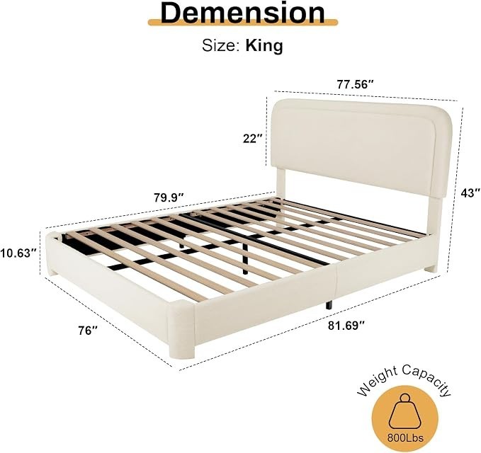 Full/Queen/King Upholstered Teddy Fabric Bed Frame with Adjustable Headboard