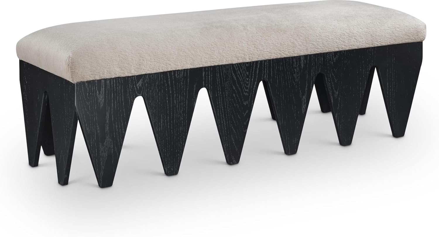 Art Deco Beige Velour Fur Bench with Black Finish, 55″ W x 18.5″ D x 18.5″ H