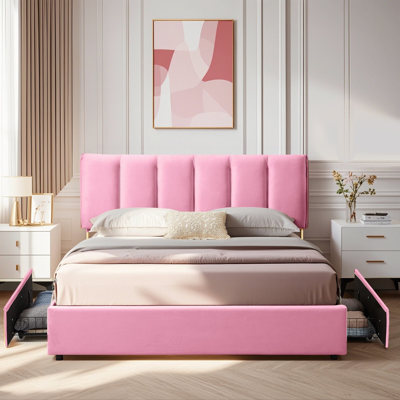 VECELO Twin Full Queen Bed Frame Platform with Upholstered Headboard Wooden Slat
