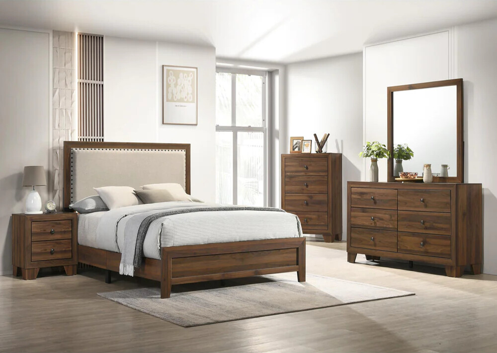 NEW Upholstered Queen King Full Twin 5PC Brown Cherry Rustic Bedroom B/D/M/N/C