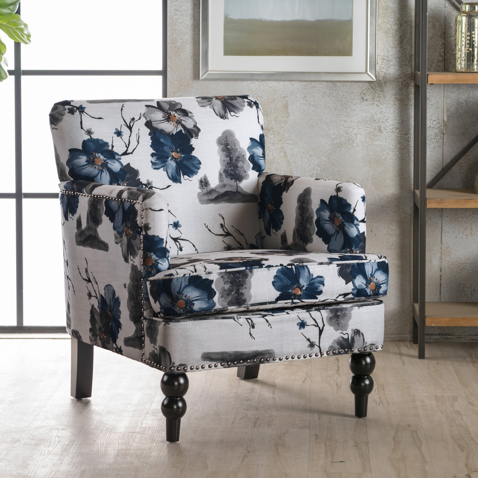 Upholstered Fabric Club Chair with Studs, Floral Print