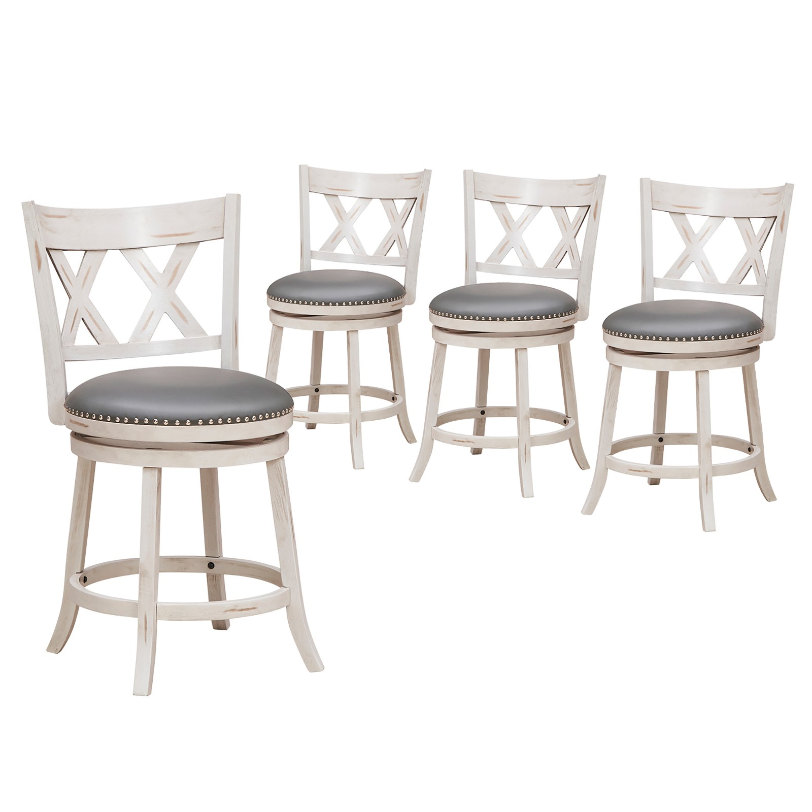 25.5″ Swivel Bar Stools 4PCS Solid Wood Stools w/X-shaped Backrests White Gray
