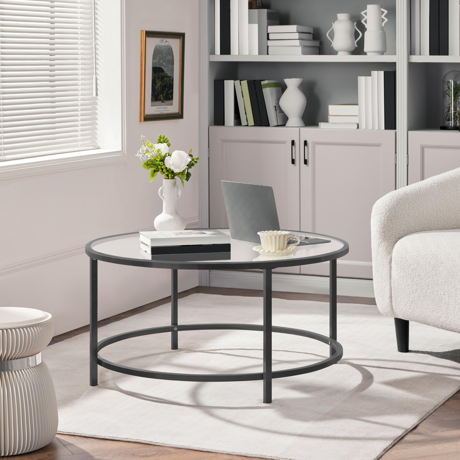 36″ Round Glass Coffee Table, Black Circle Coffee Table Center Table w/Glass Top