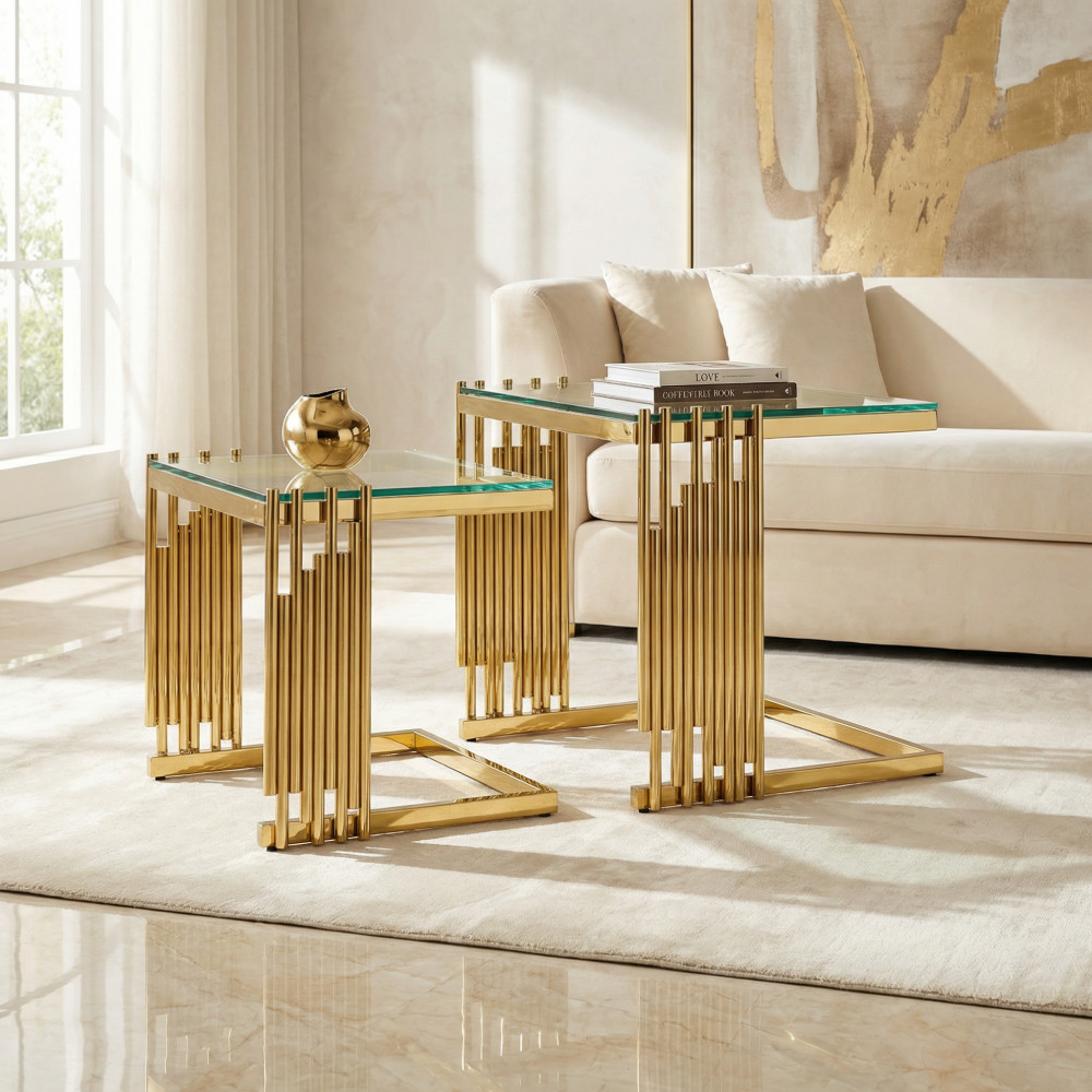 Gold Tempered Glass Coffee Table Set, 2-Piece Nesting End Tables w/ Steel Frame
