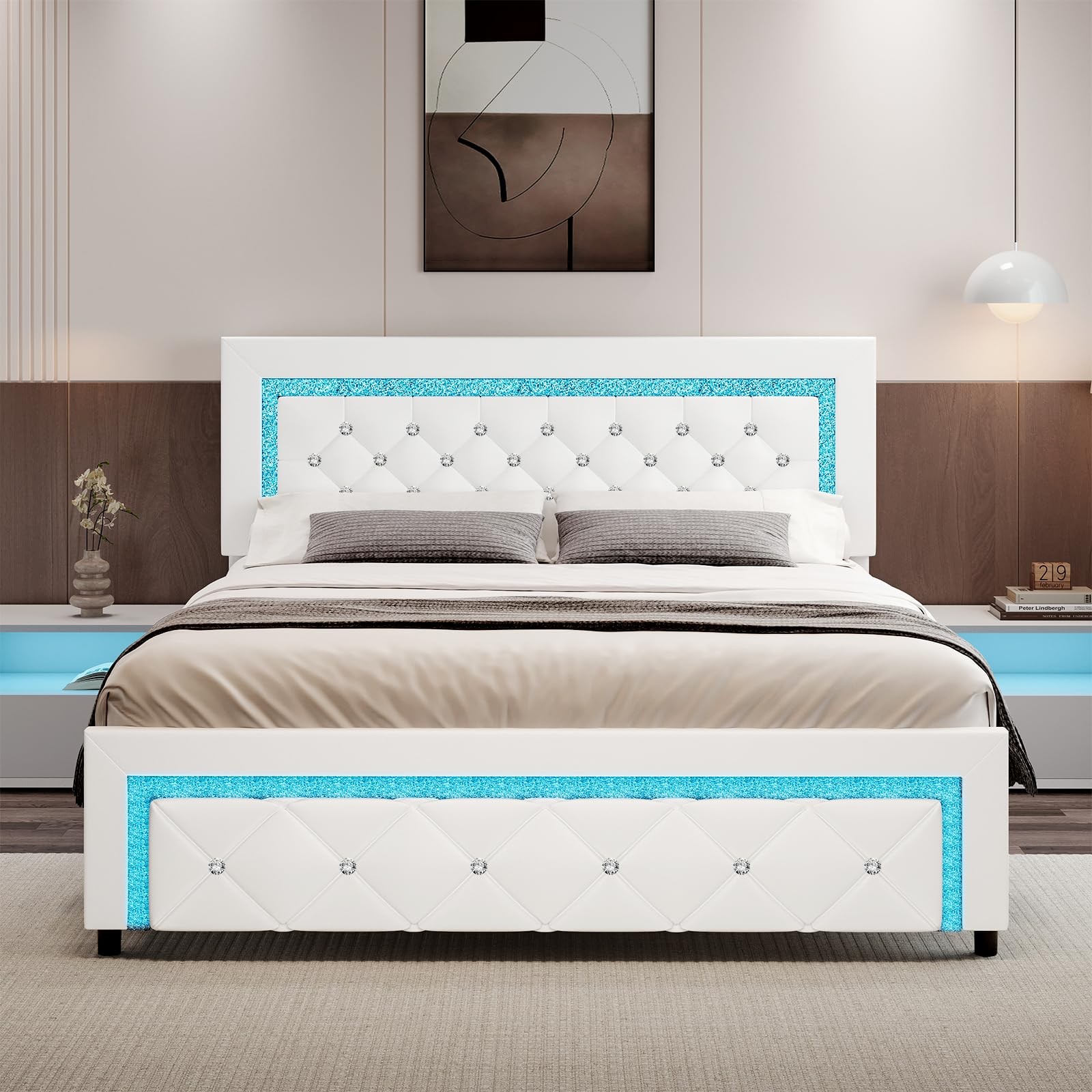 LED Full Upholstered Platform Bed Diamond Tufted Headboard White No Box Spring