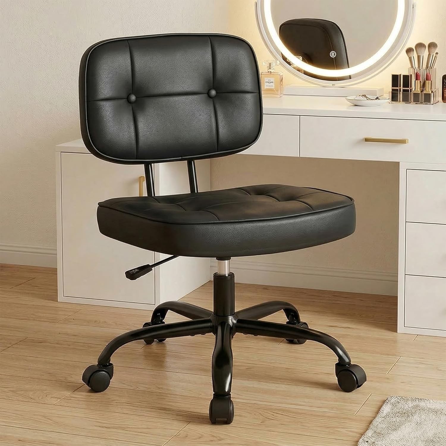 Armless PU Leather Office Desk Chair w/Wheel,Height Adjustment,Home Vanity Chair