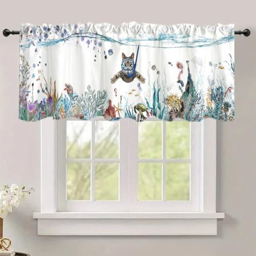 Art Studio 54×18 Inches Cute Cat Window Treatment Valance Dive Colorful White