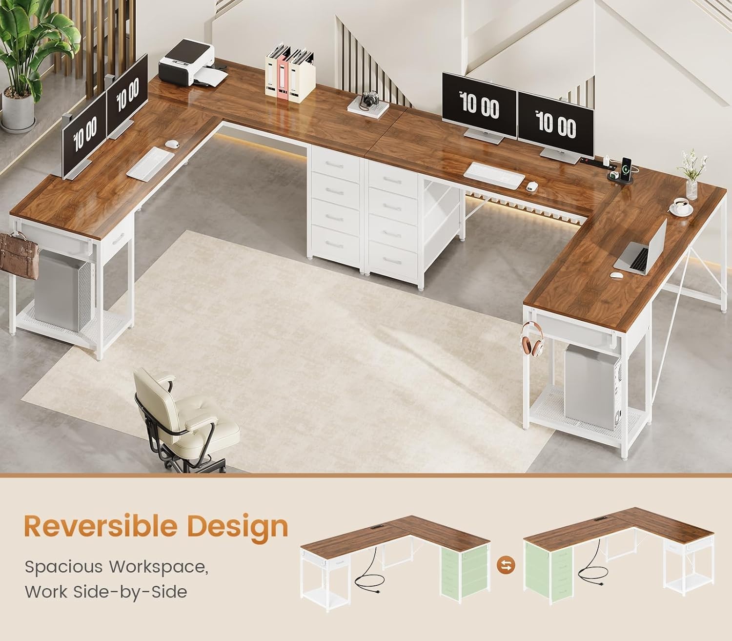 L Shaped Computer Desk with 5 Drawers Modern Reversible 78.7″ Long 2 Person Desk