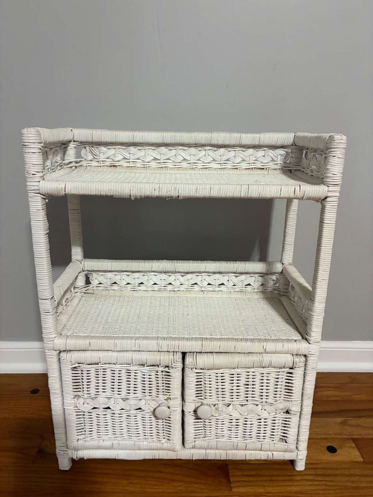 Vintage White Wicker Cabinet Coquette Cottagecore Bathroom Storage Shelf