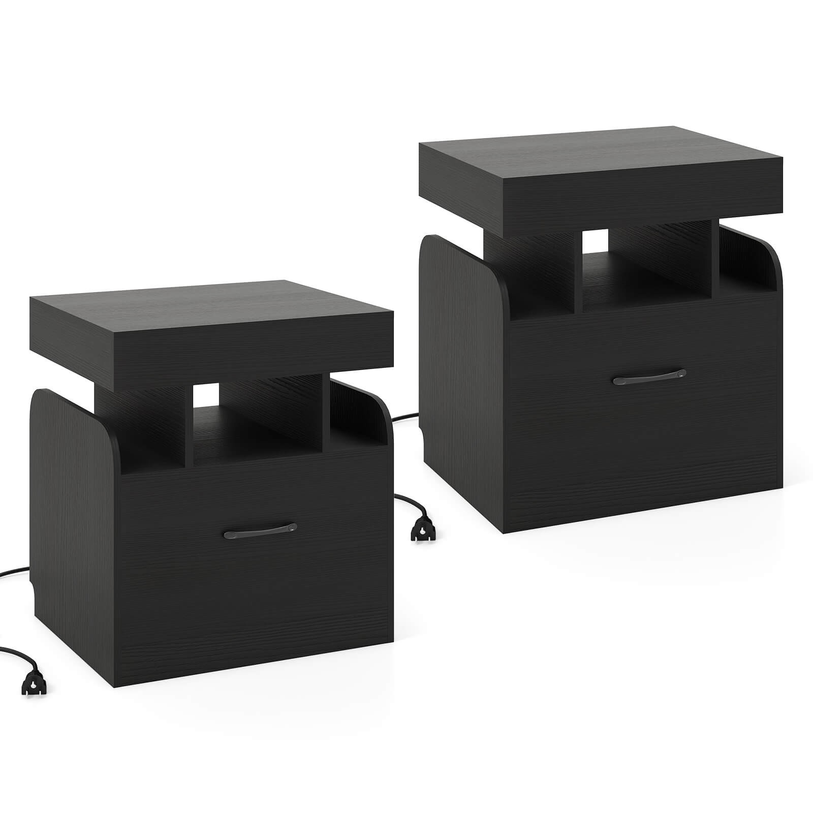 2PCS Nightstand w/Charging Station Drawer Sliding Top Storage Tray Open Shelves