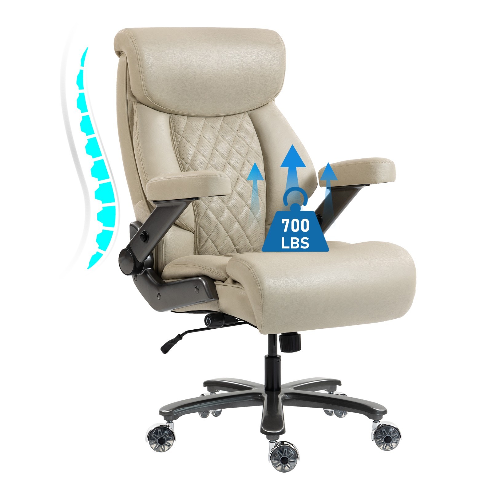 Heavy Duty 700LBS Chair Adjustable Height & Armrests Faux Leather Quiet Wheels