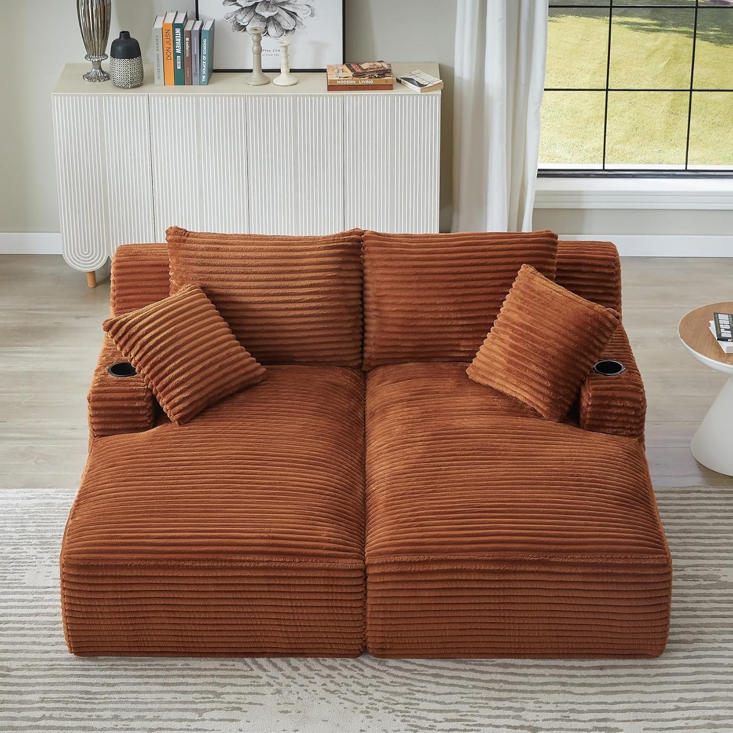 70.9″ Oversized Double Chaise Lounge Corduroy Boneless Cloud Couch w/Cup Holder