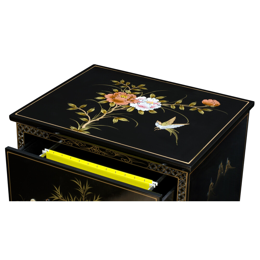 US Seller – Black Lacquer Mother of Pearl 3 Drawer Oriental File Cabinet