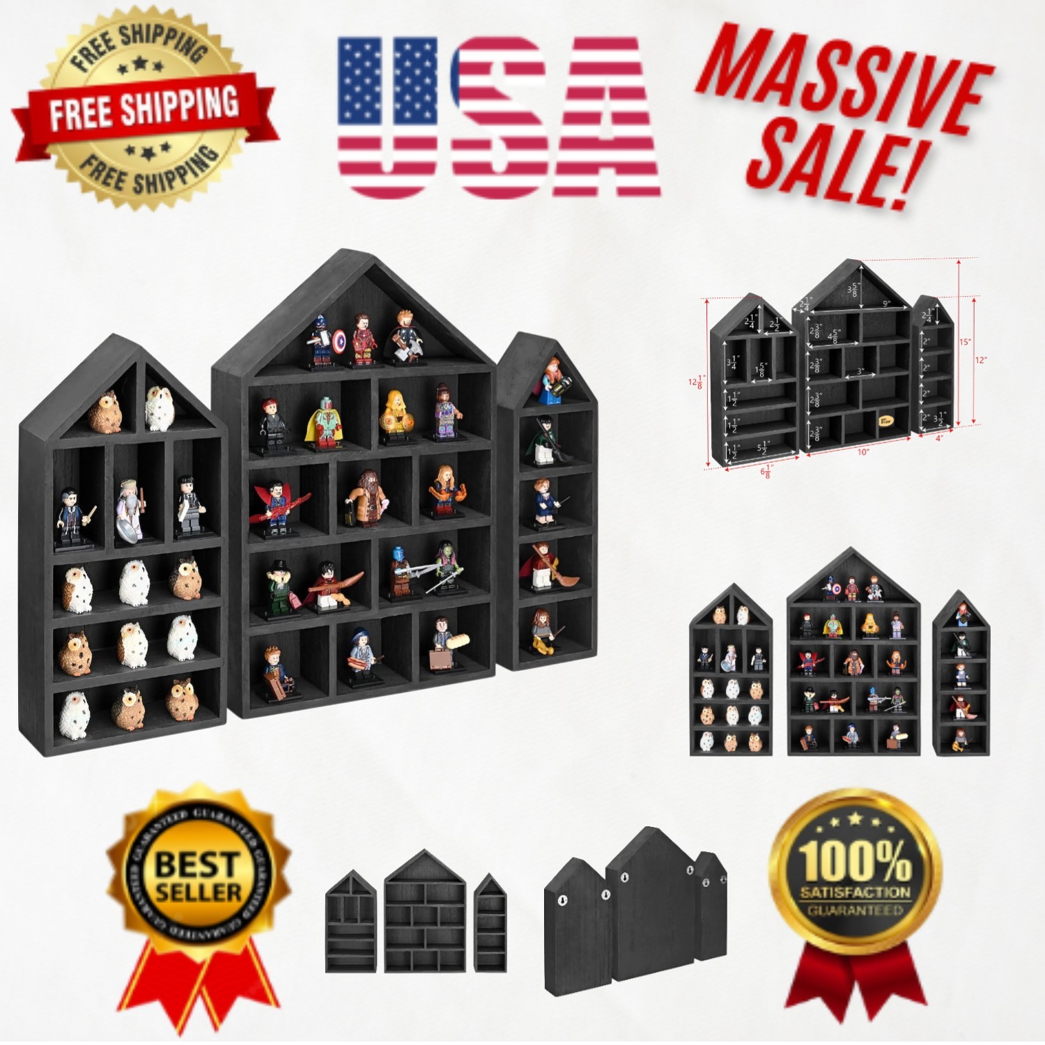 Versatile 3-Piece Wooden Shadow Cubby Box for Miniatures – Wall Mount Black