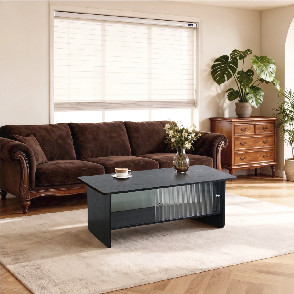 47 in rectangular modern coffee table with glass sliding door storage center