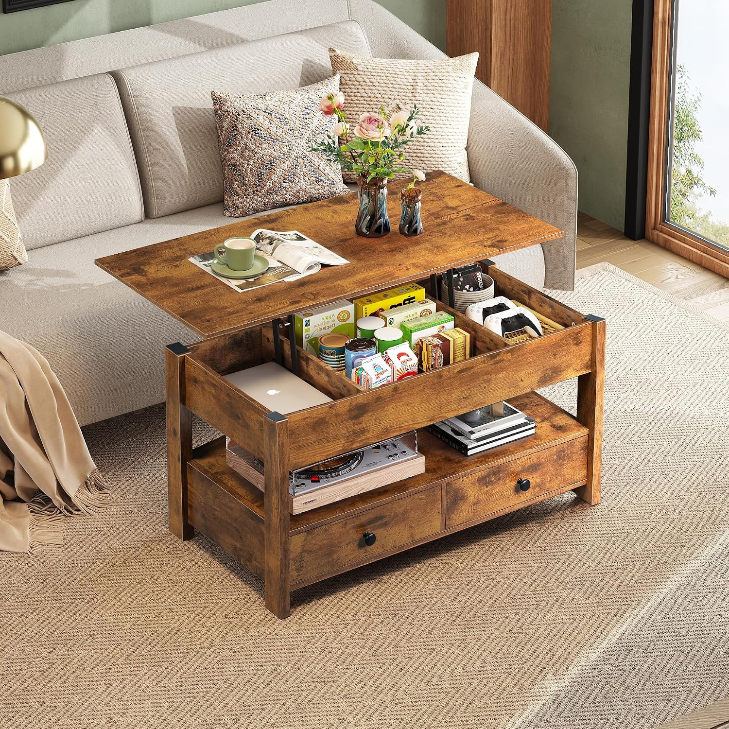 Coffee Table, Lift Top Coffee Table with 2 Drawers, Large Storage and Open Shelf