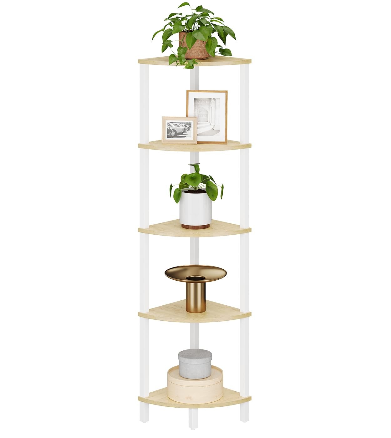 5Tier Industrial Corner Bookshelf Ladder Storage Display White Nature Wood