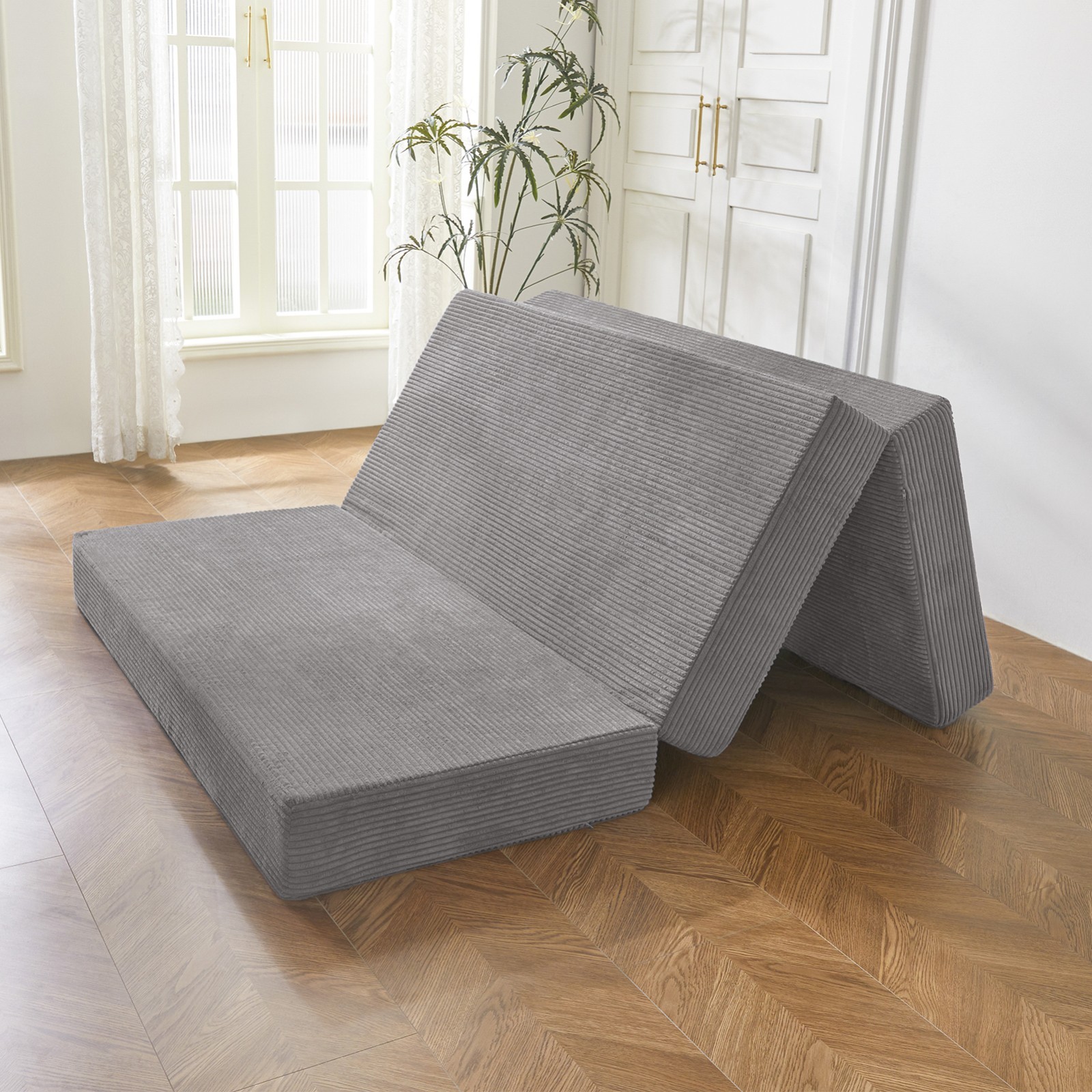 MAXYOYO 6” Tri-Fold Mattress,Corduroy Sofa Bed Memory Foam with Washable Cover