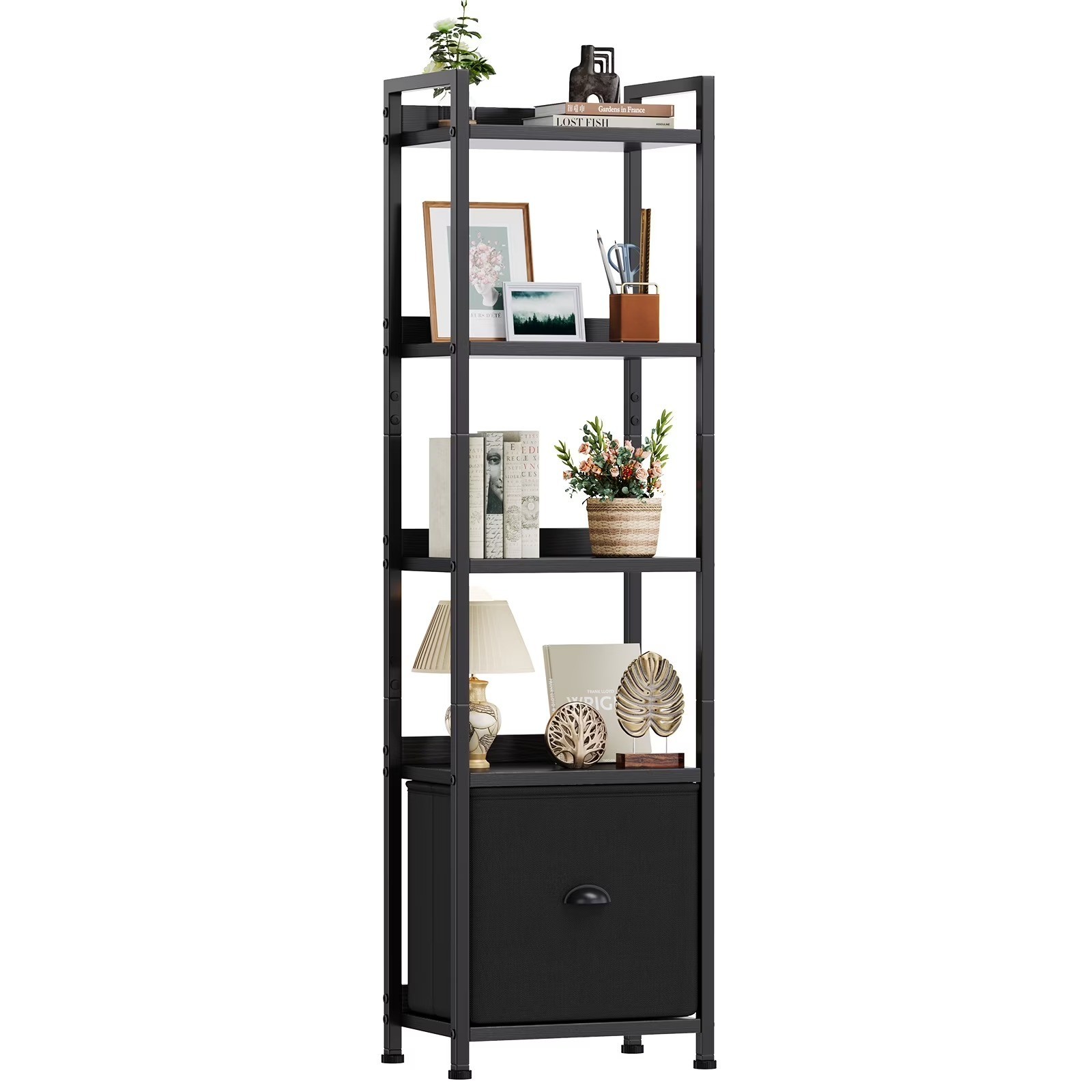 Narrow 5-Tier Bookshelf Fabric Drawer 150lb Industrial Metal Frame Black Wood