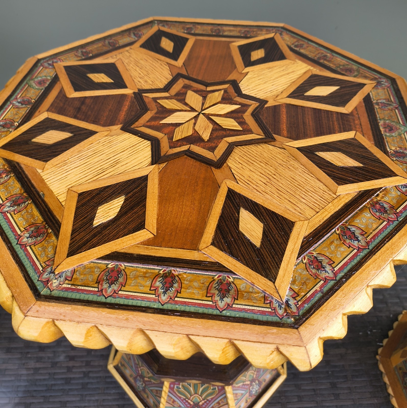 Authentic Artisan Moroccan Octagonal Side Table – Geometric Inlay & Decoupage