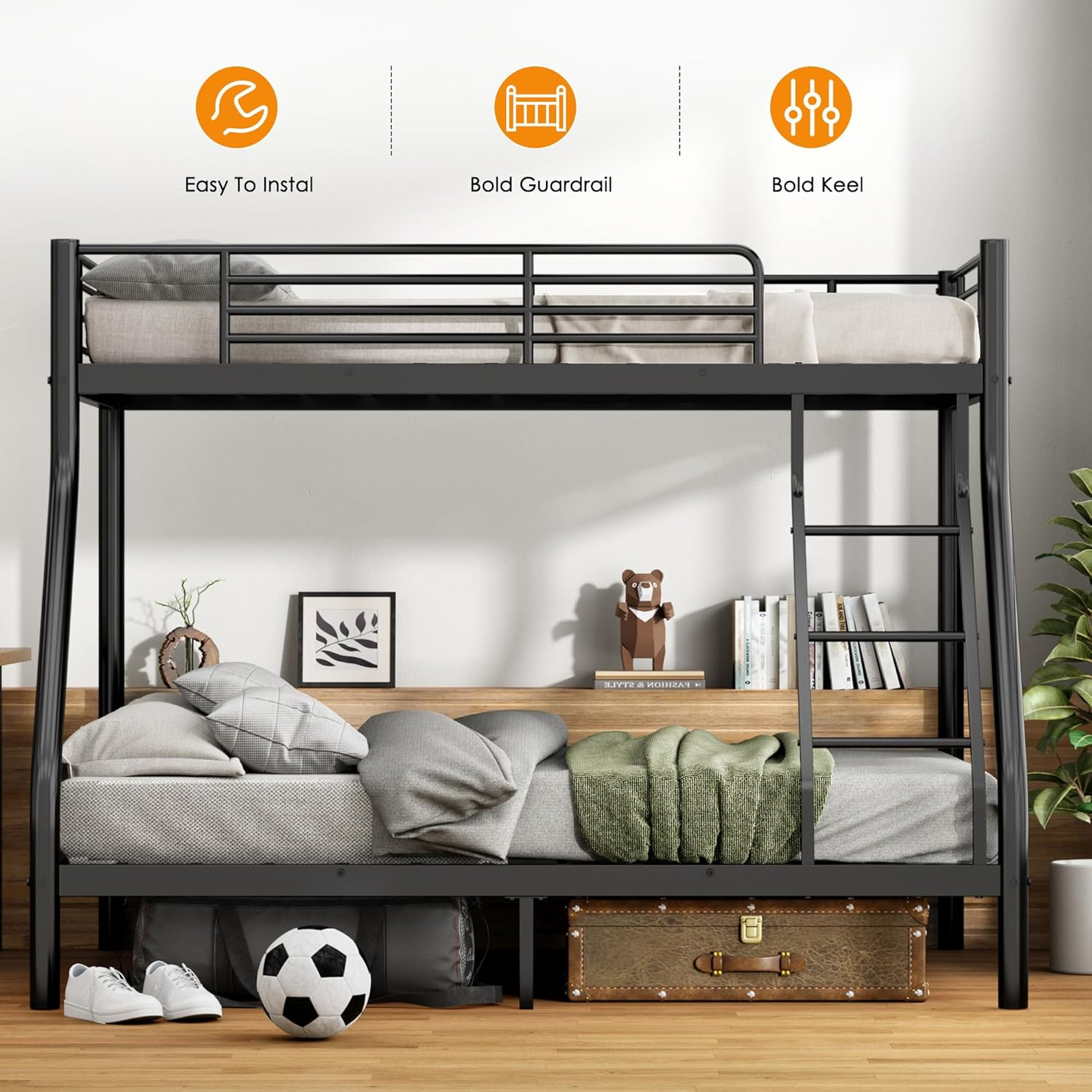 Sogesgame Bunk Beds Twin over Full Size, No Squeak Metal Heavy Duty Bed Frame wi