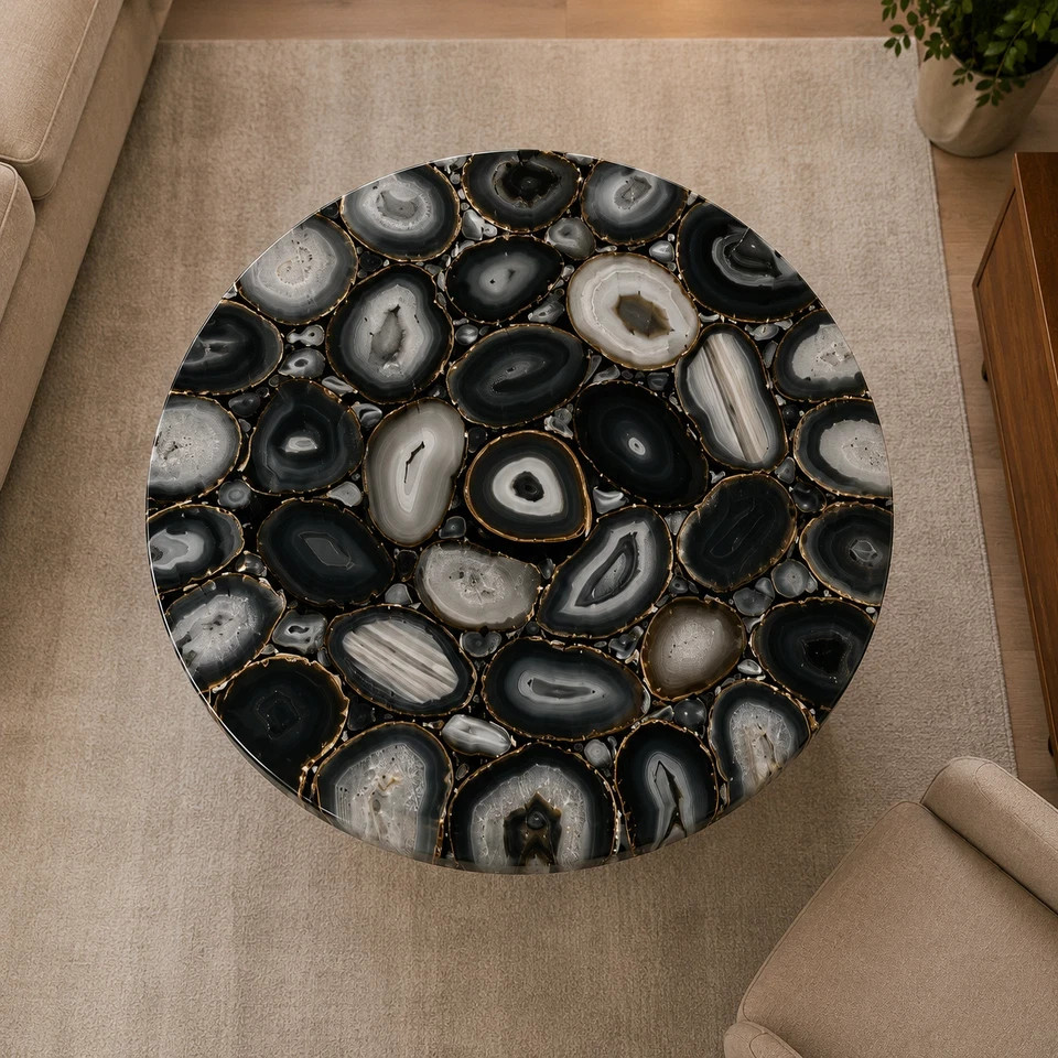 Black Agate Geode Coffee Table Top | Handmade Luxury Stone Table