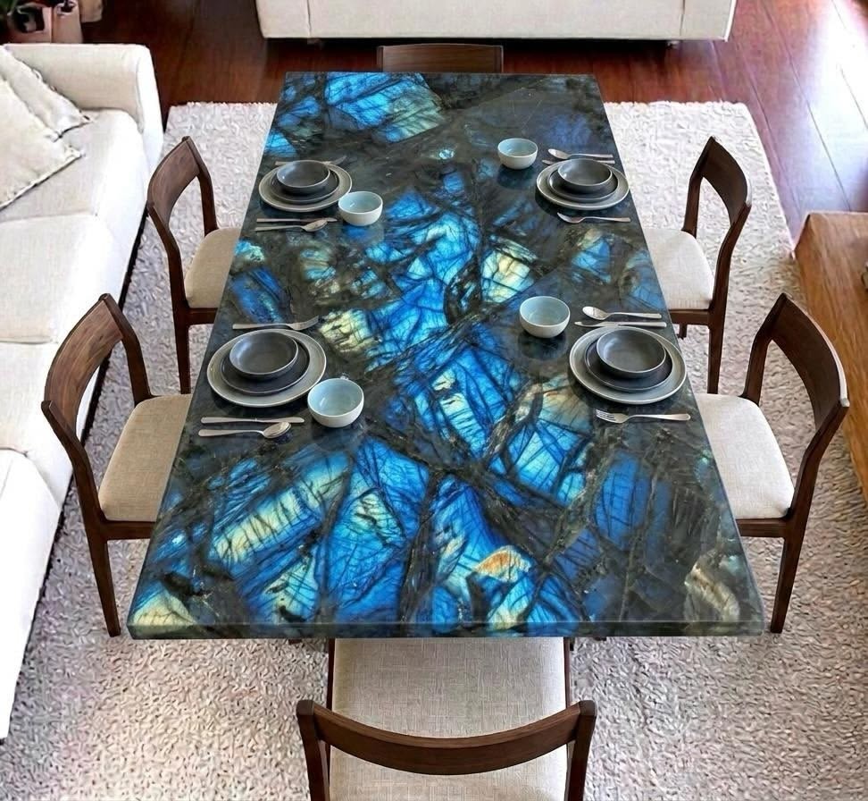 Labradorite Stone Dining & Kitchen Table Slab Handmade Rectangular Furniture