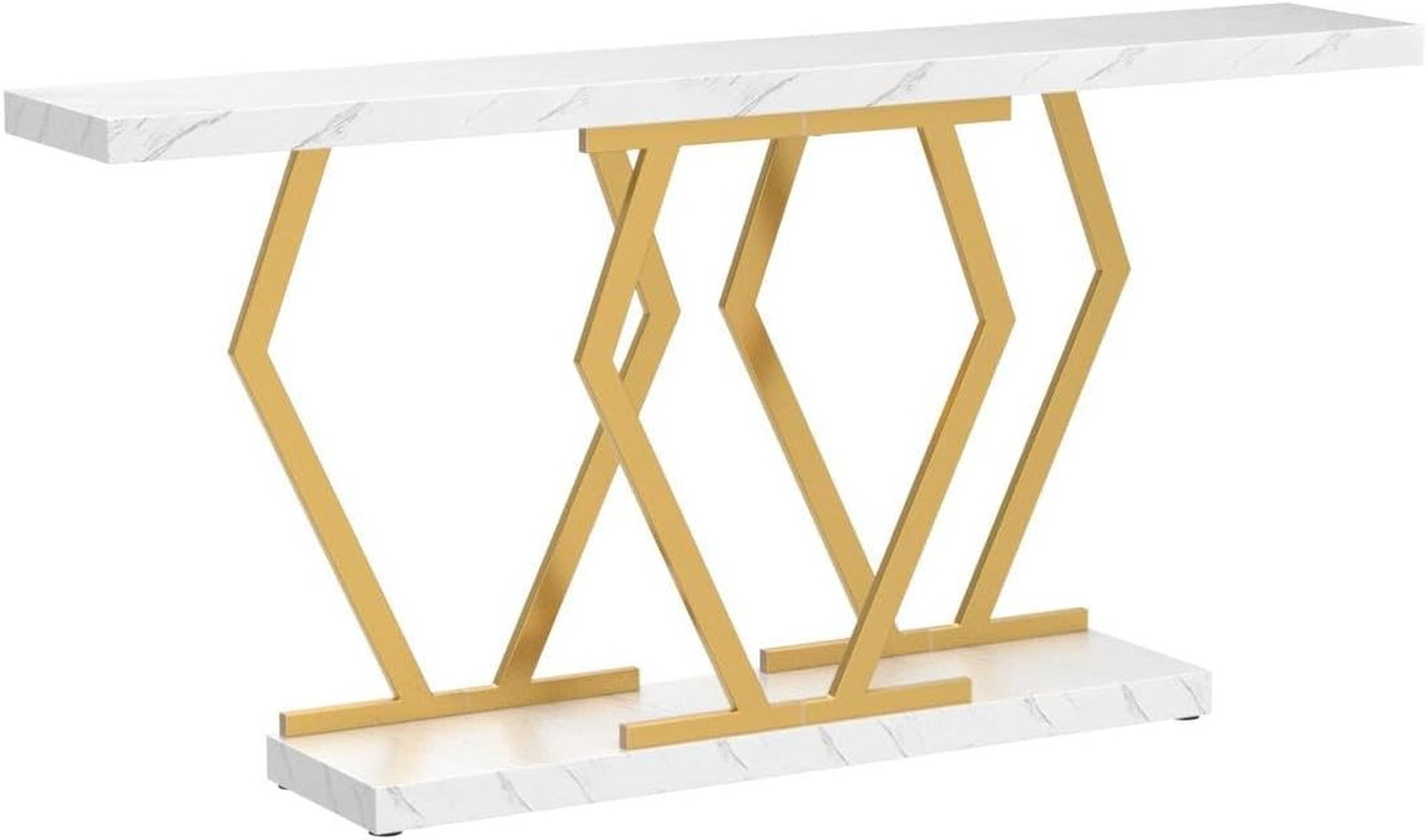 70.9 Inch Extra Long Sofa Table， White and Gold Console Table with Faux Marble T