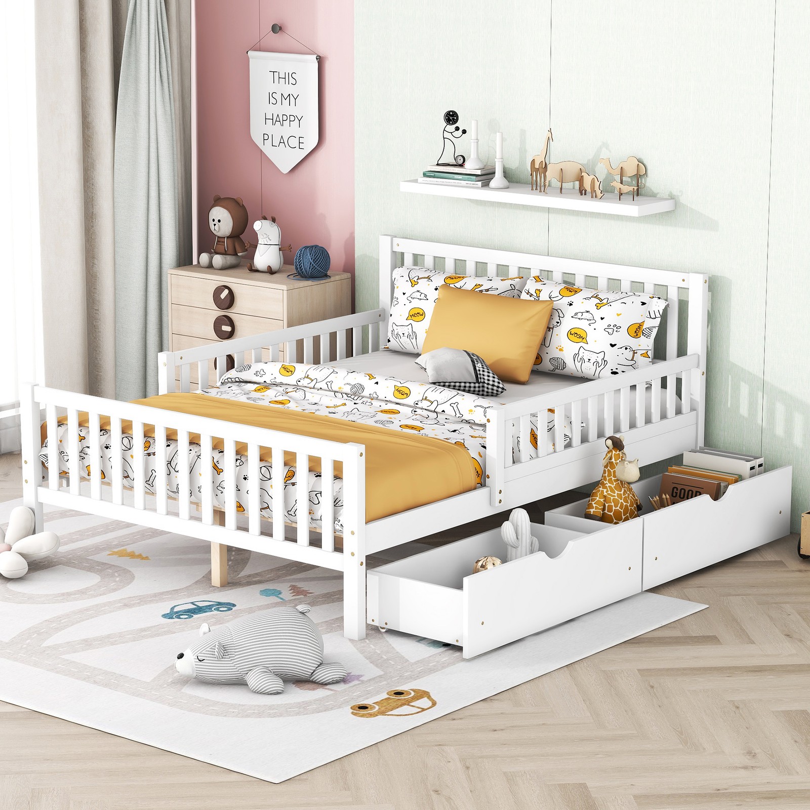 Full Size Bed Frame w/ Guardrails on Both Sides Two Storage Drawers White Wood