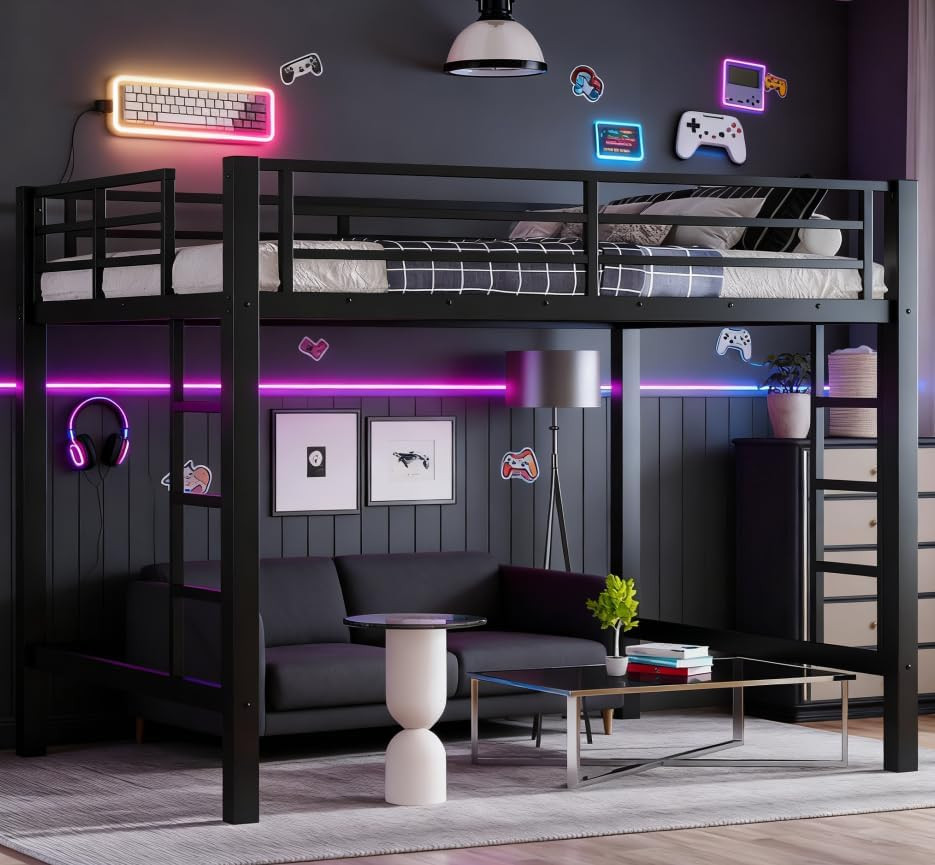 Stylish Black Metal Loft Bed with 2 Ladders & Guardrails for All Ages
