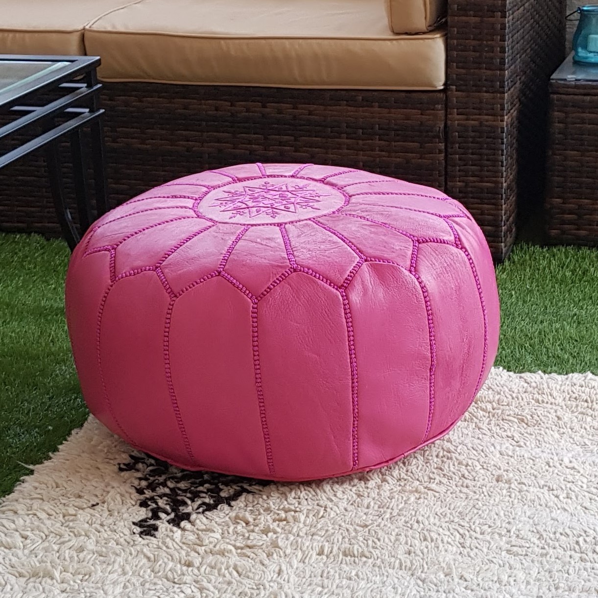 Magenta Pre-Filled Moroccan Handmade Genuine Leather Pouf Ottoman 13″ x 20″