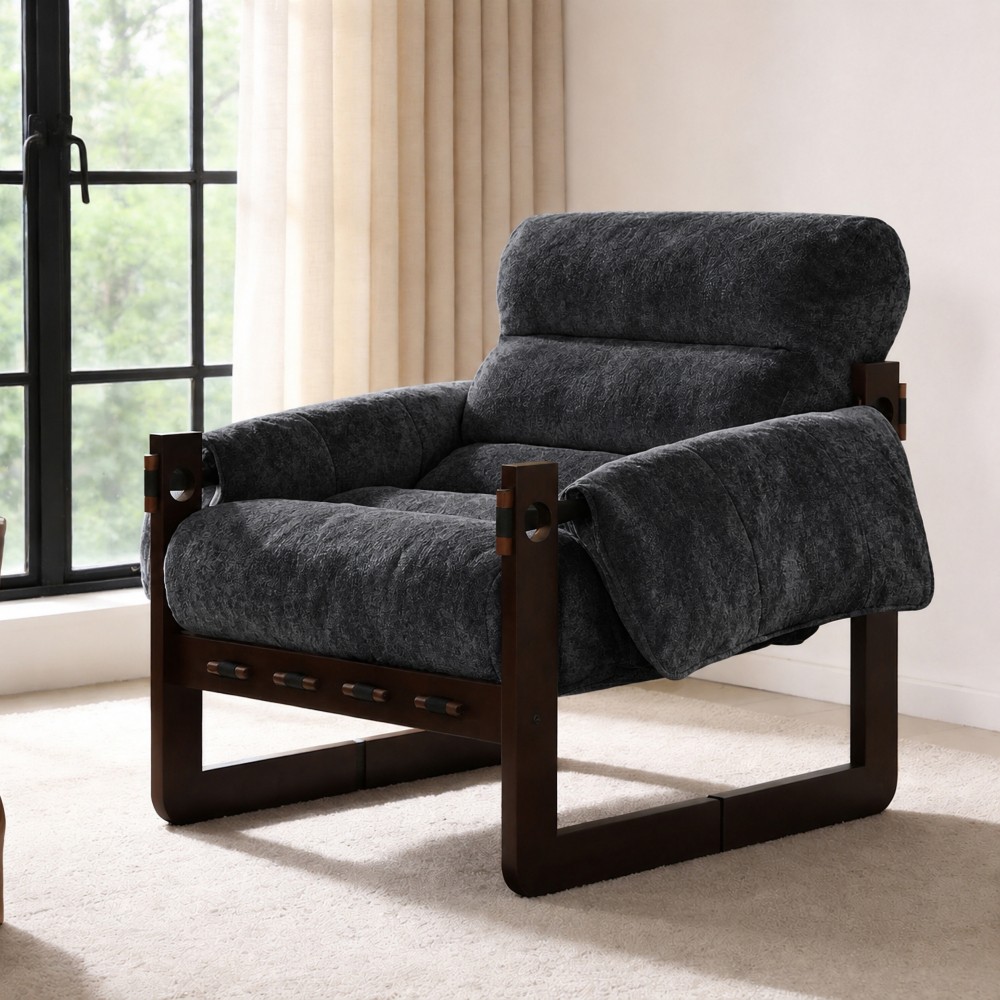 32″ Chenille Lounge Chair with Rolled Arms,Upholstered Accent Armchair,Dark Gray
