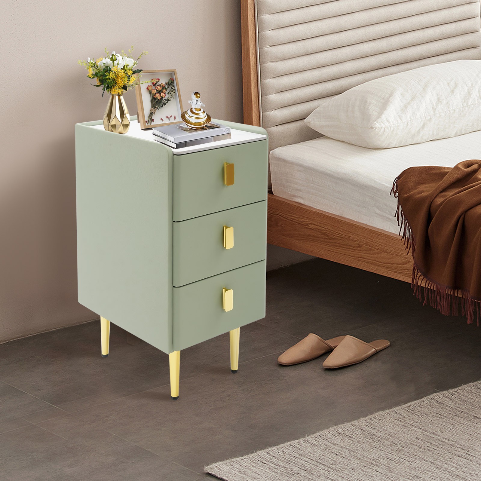 Narrow 3-Drawer Nightstand Bedside Table Green Gold Leather Rock Slab Top